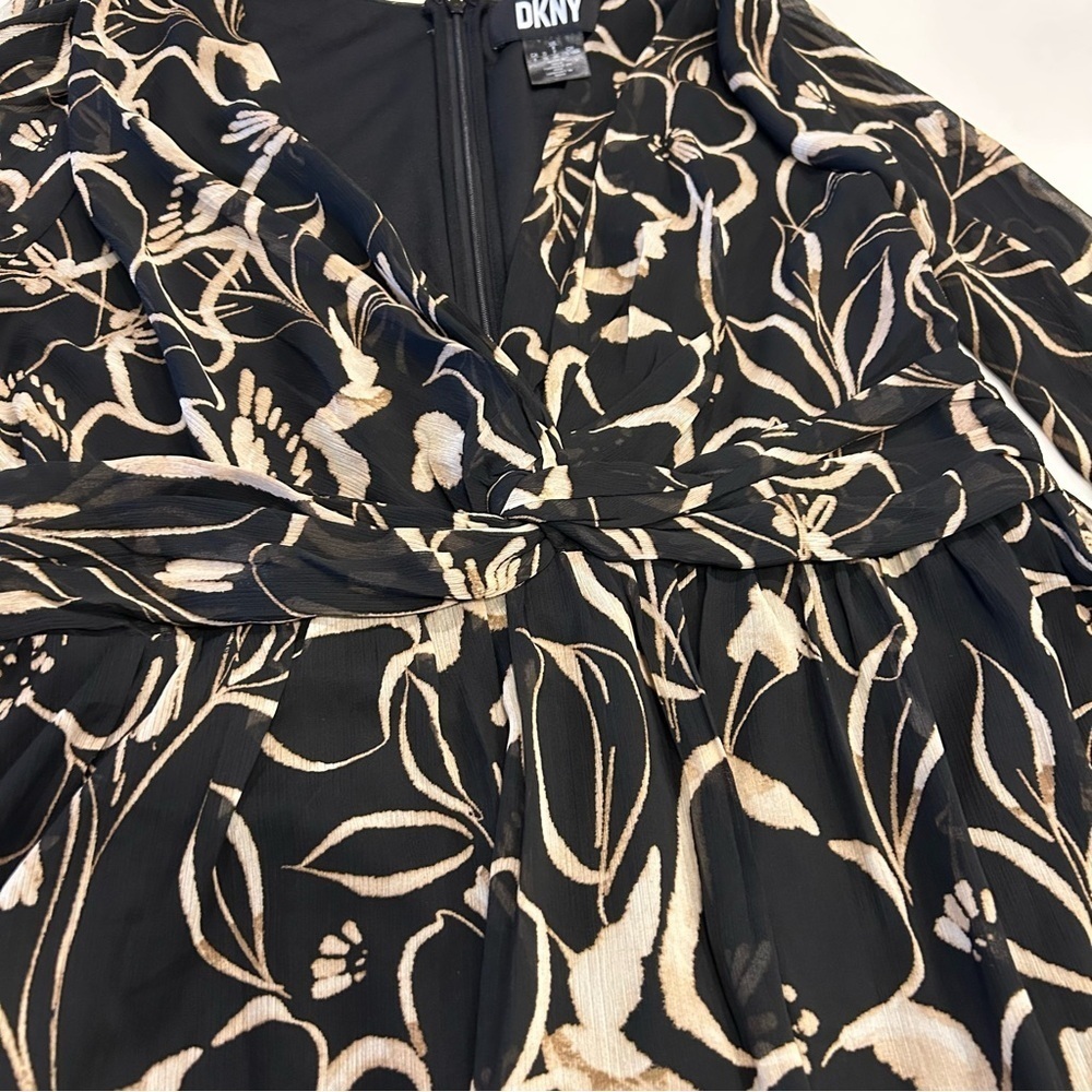 DKNY Black, Tan and Cream Floral Long Sleeve Chiffon Dress, Size 8, NWT - Picture 5 of 12